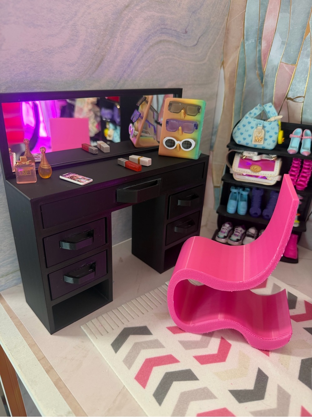 Barbie Black Makeup Vanity Desk with Mirror and Hot Pink Curved Chair